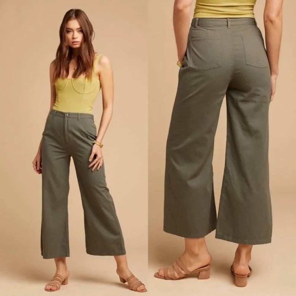 Amuse Society Dominga Pants Womens Large Moss Green Wide Leg High Rise Cotton